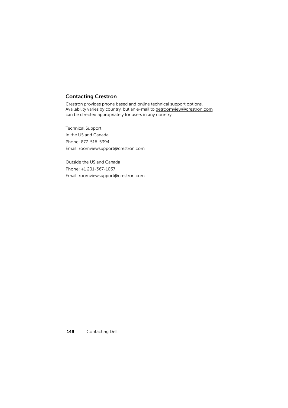 Contacting crestron | Dell S510 Interactive Projector User Manual | Page 148 / 154