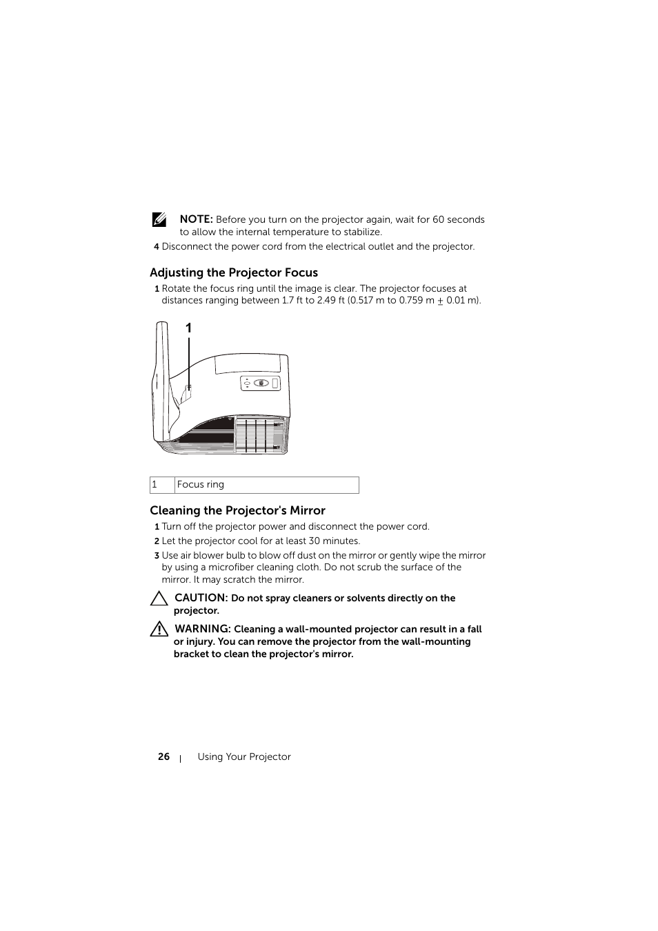 Adjusting the projector focus, Cleaning the projector's mirror | Dell S510 Interactive Projector User Manual | Page 26 / 154