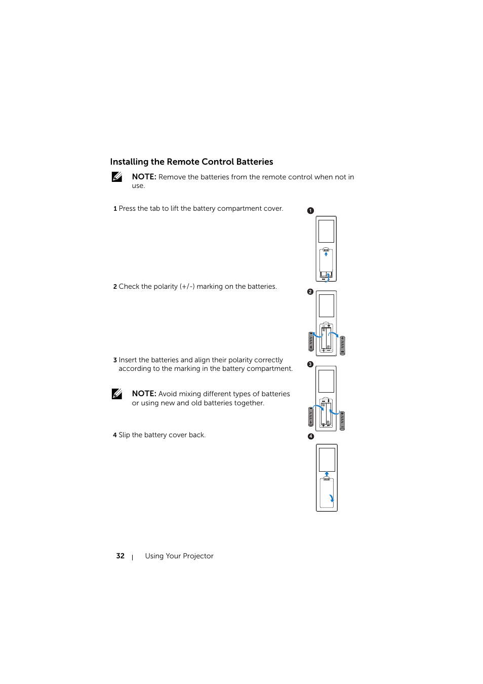 Installing the remote control batteries | Dell S510 Interactive Projector User Manual | Page 32 / 154