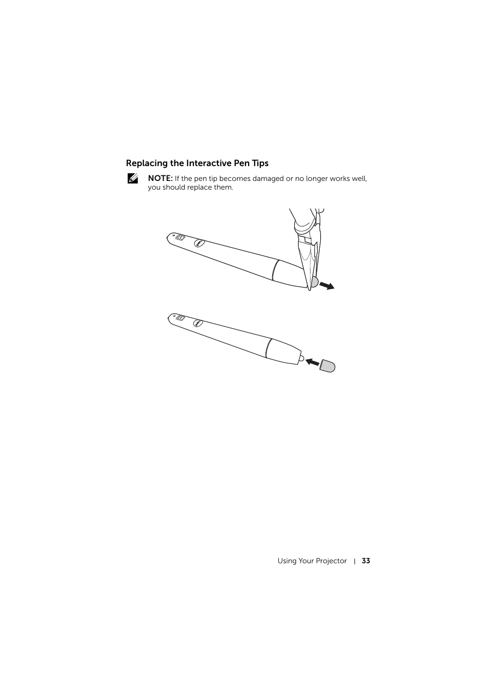 Replacing the interactive pen tips | Dell S510 Interactive Projector User Manual | Page 33 / 154