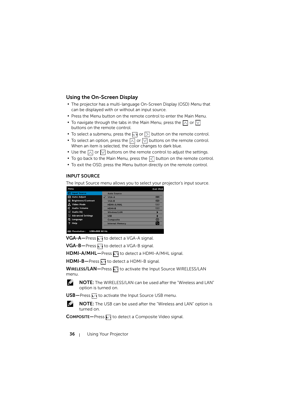 Using the on-screen display, Input source | Dell S510 Interactive Projector User Manual | Page 36 / 154