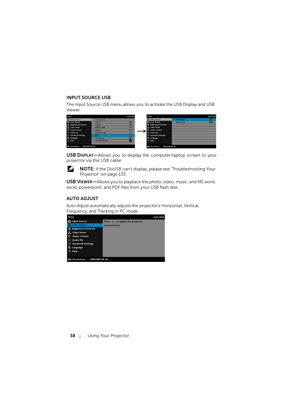 Input source usb, Auto adjust | Dell S510 Interactive Projector User Manual | Page 38 / 154