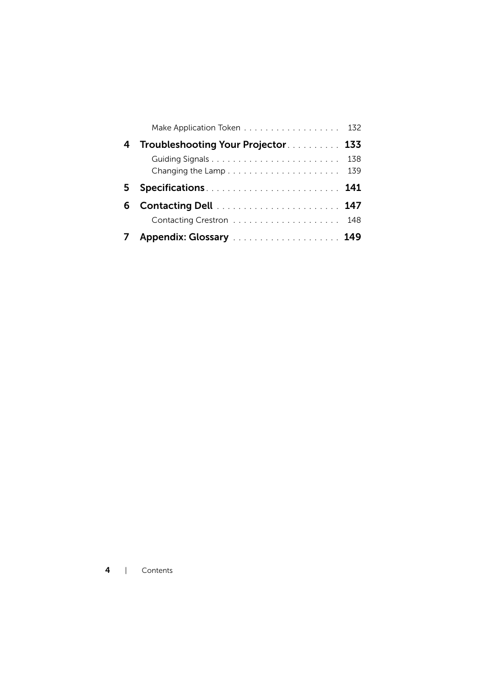 4troubleshooting your projector, 5specifications, 141 6 contacting dell | 7appendix: glossary | Dell S510 Interactive Projector User Manual | Page 4 / 154