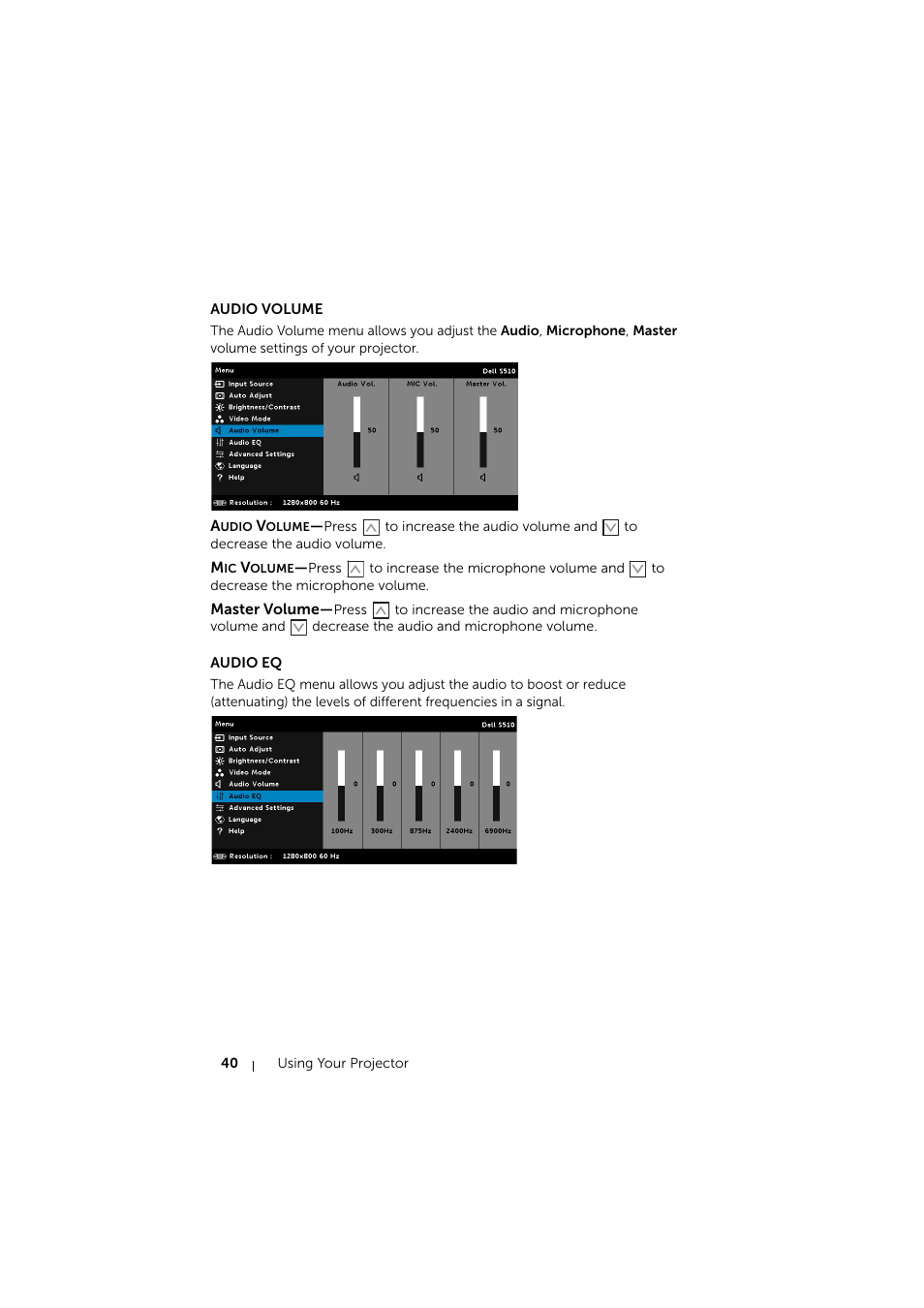 Audio volume, Audio eq | Dell S510 Interactive Projector User Manual | Page 40 / 154