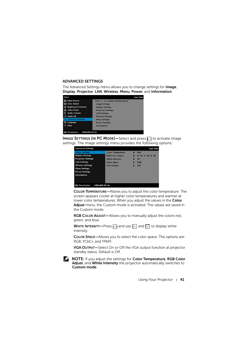 Advanced settings | Dell S510 Interactive Projector User Manual | Page 41 / 154