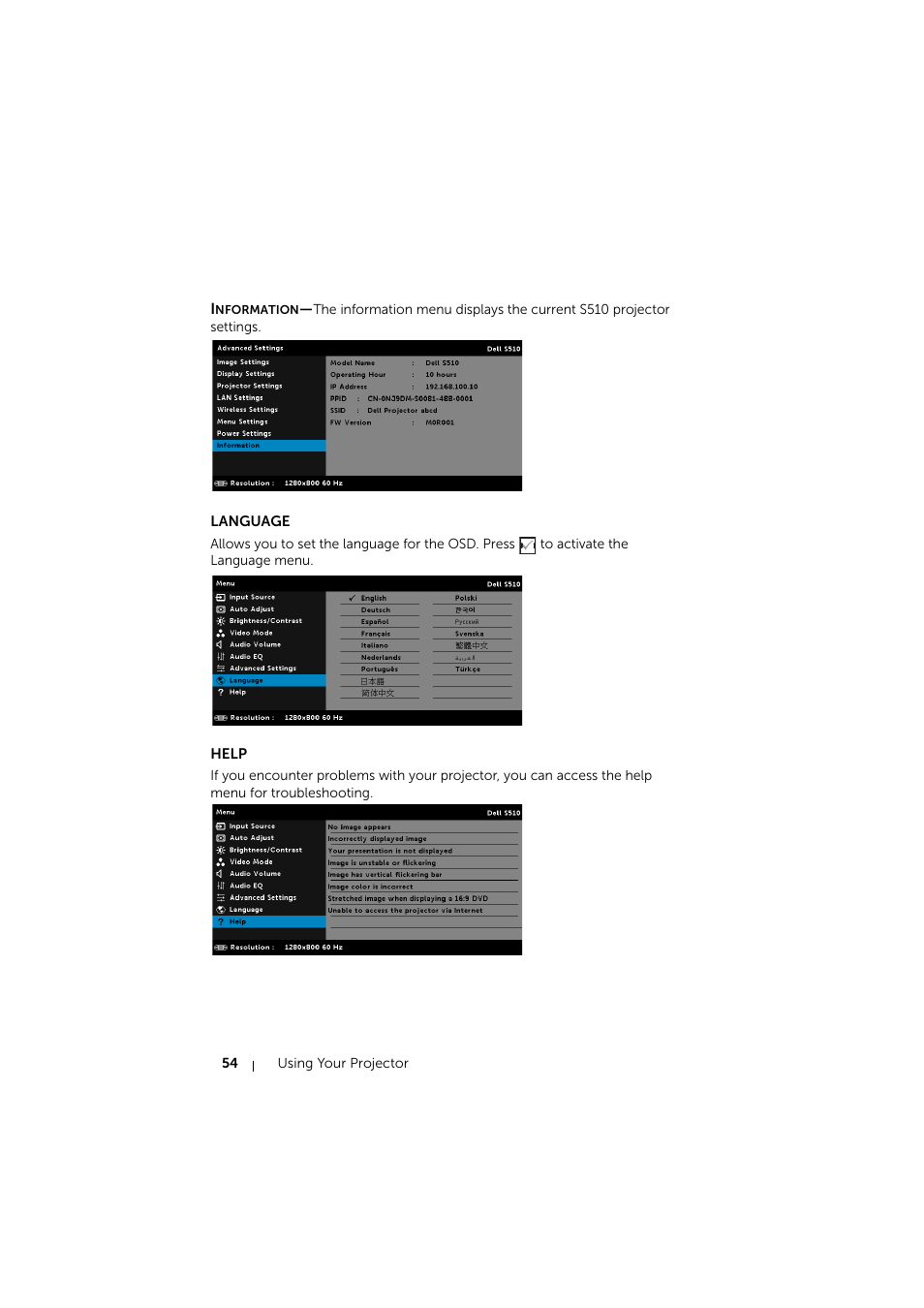 Language, Help | Dell S510 Interactive Projector User Manual | Page 54 / 154