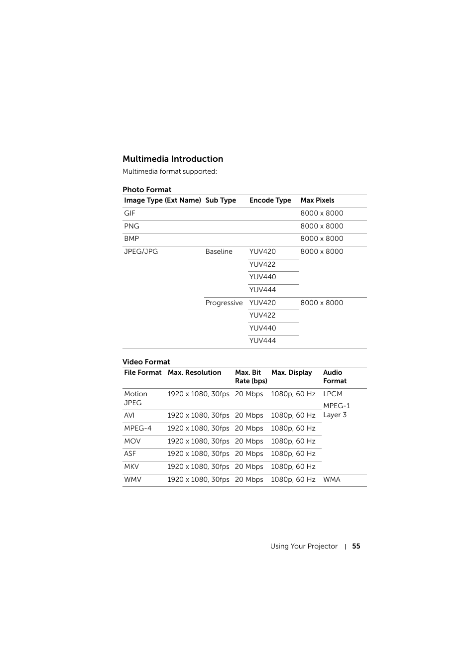 Multimedia introduction, Photo format, Video format | Dell S510 Interactive Projector User Manual | Page 55 / 154