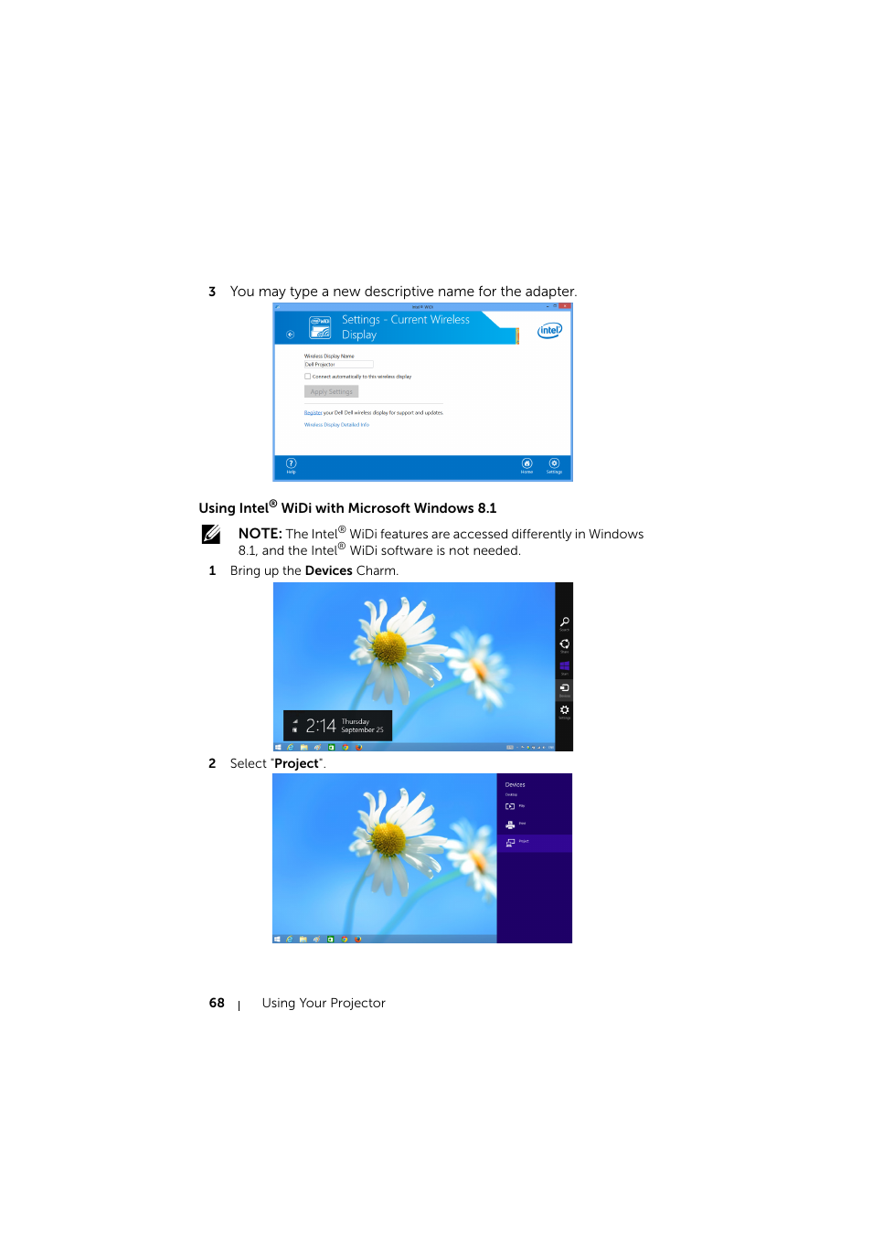 Using intel® widi with microsoft windows 8.1 | Dell S510 Interactive Projector User Manual | Page 68 / 154