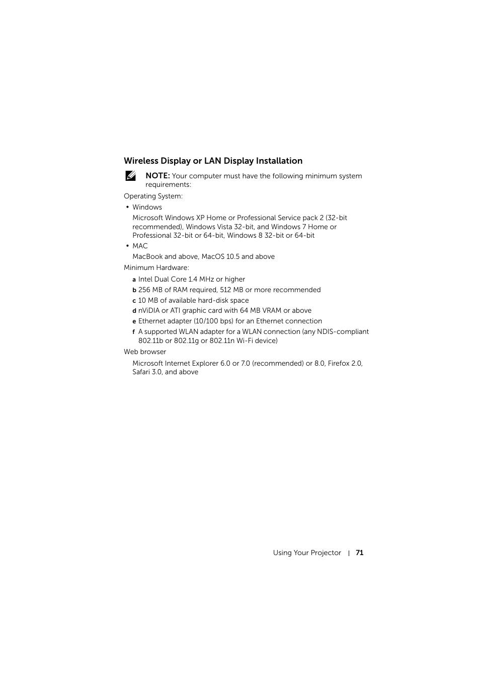 Wireless display or lan display installation | Dell S510 Interactive Projector User Manual | Page 71 / 154