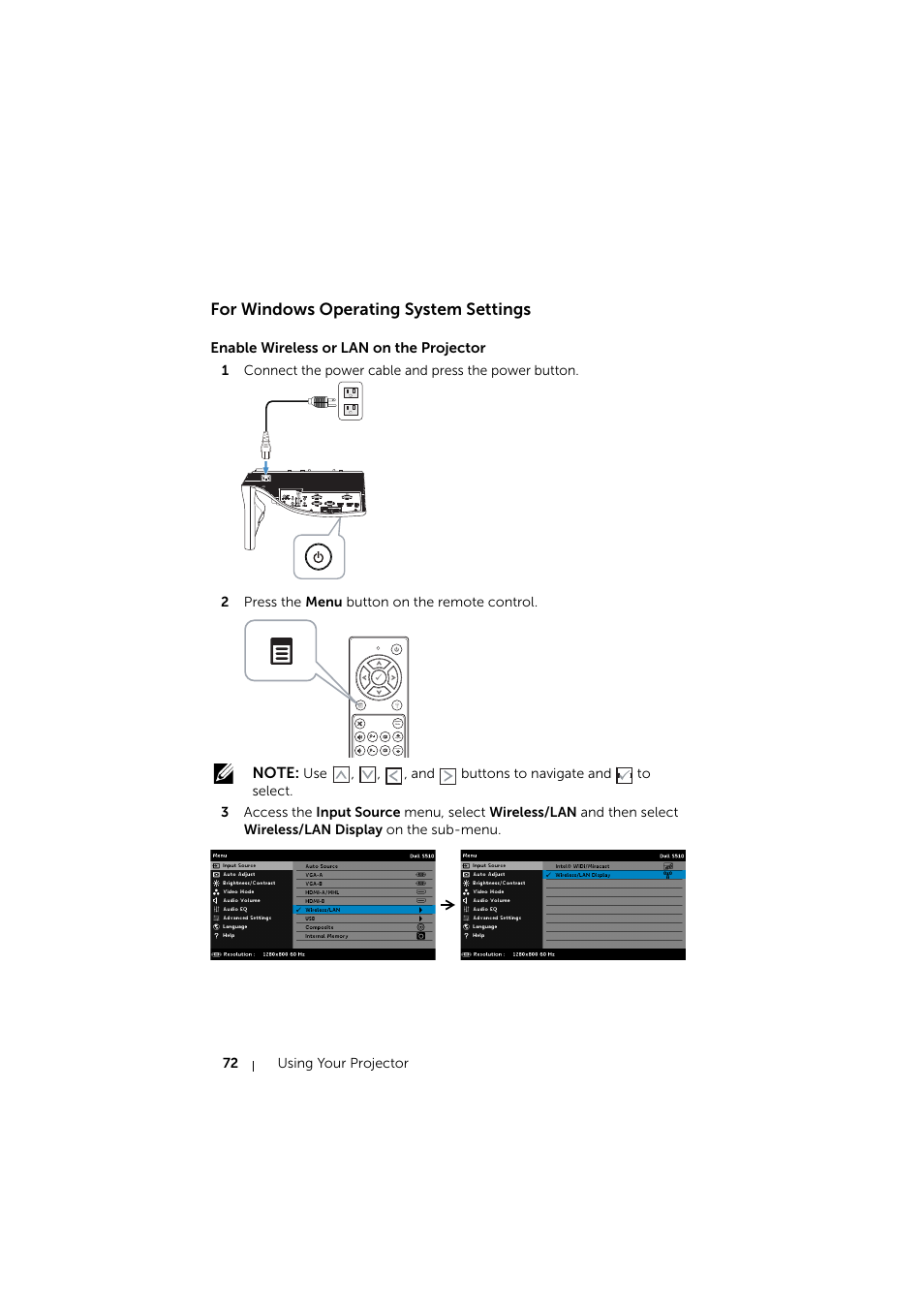 For windows operating system settings, Enable wireless or lan on the projector | Dell S510 Interactive Projector User Manual | Page 72 / 154