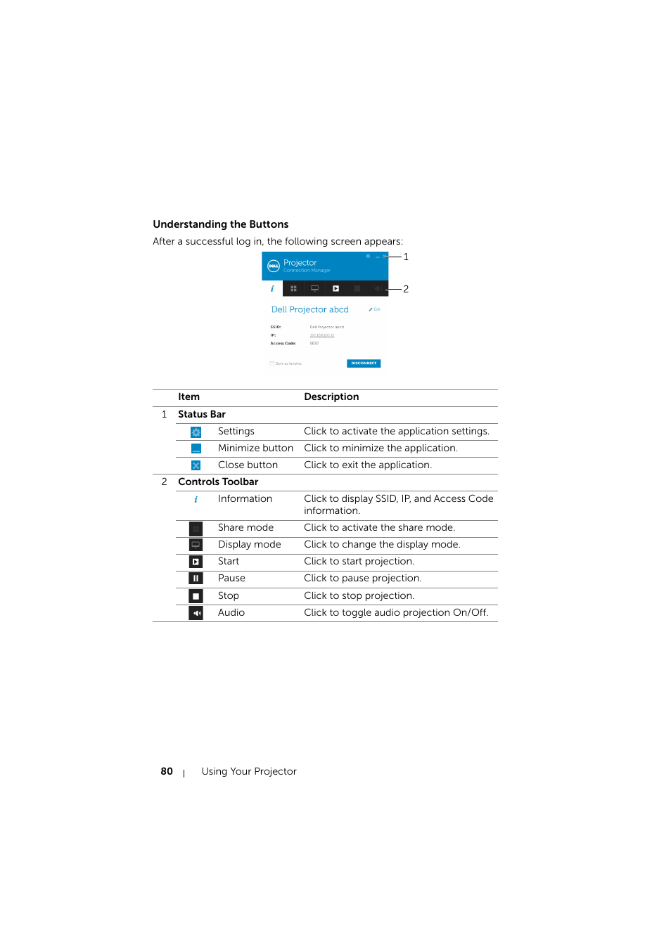Understanding the buttons | Dell S510 Interactive Projector User Manual | Page 80 / 154