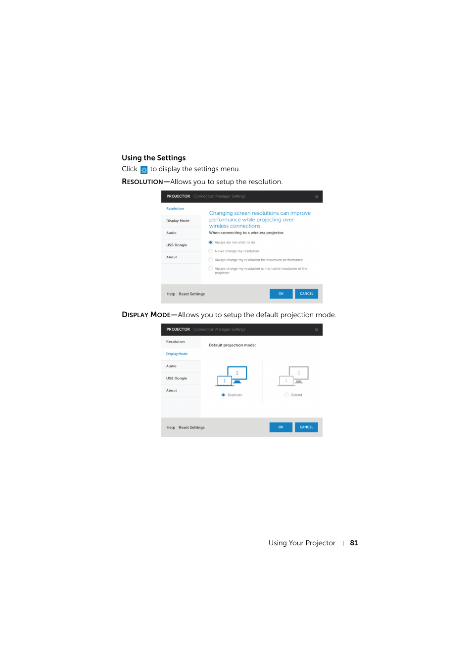 Using the settings | Dell S510 Interactive Projector User Manual | Page 81 / 154