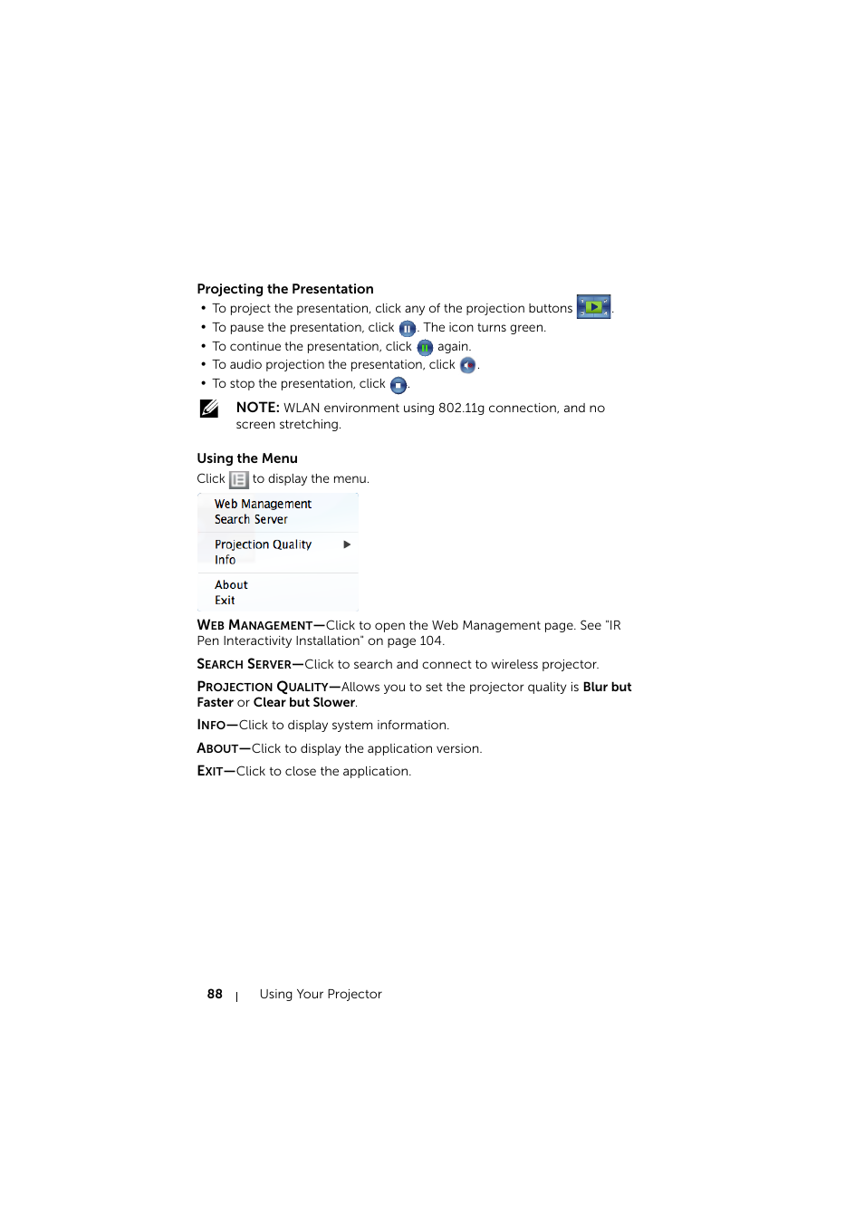 Projecting the presentation, Using the menu | Dell S510 Interactive Projector User Manual | Page 88 / 154