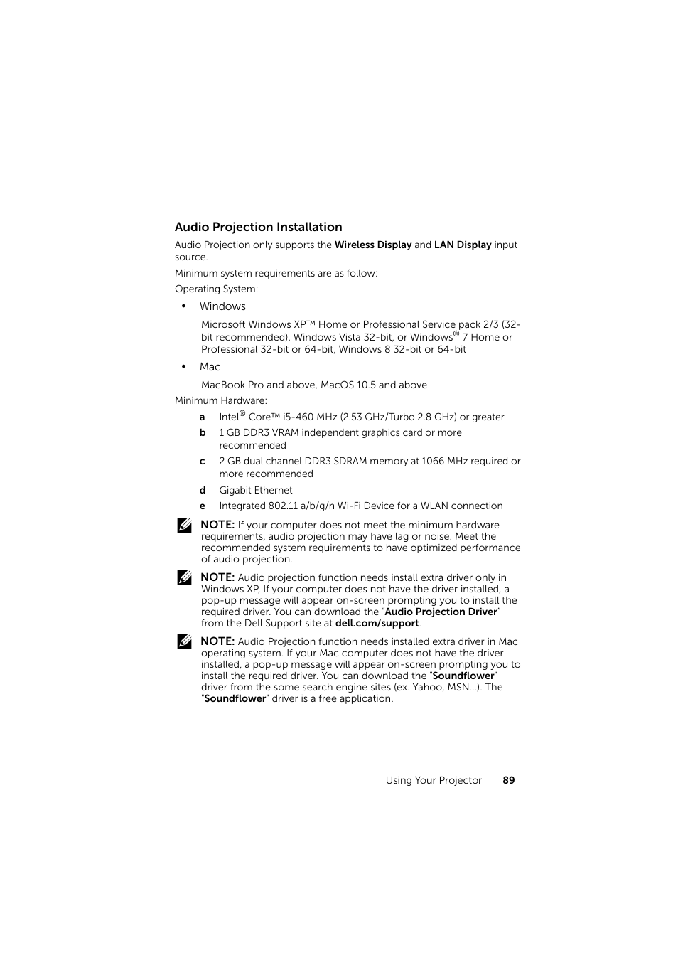 Audio projection installation | Dell S510 Interactive Projector User Manual | Page 89 / 154