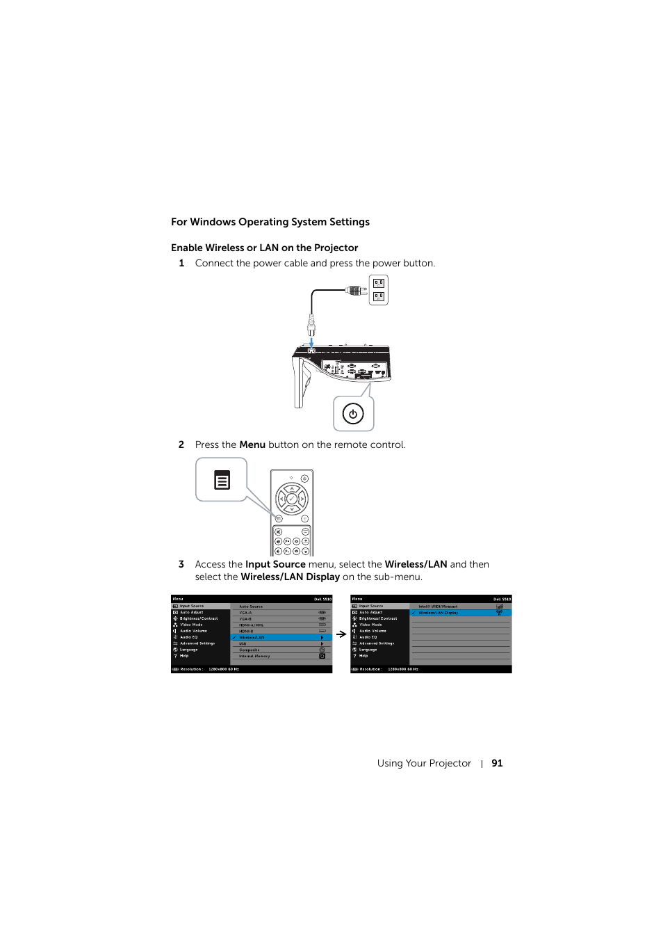 For windows operating system settings, Enable wireless or lan on the projector | Dell S510 Interactive Projector User Manual | Page 91 / 154