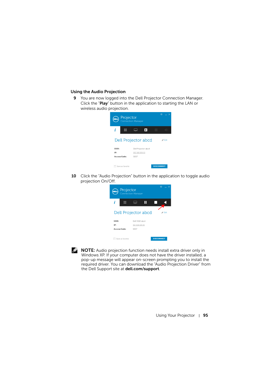 Using the audio projection | Dell S510 Interactive Projector User Manual | Page 95 / 154