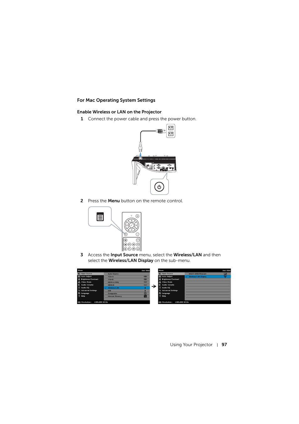 For mac operating system settings, Enable wireless or lan on the projector | Dell S510 Interactive Projector User Manual | Page 97 / 154