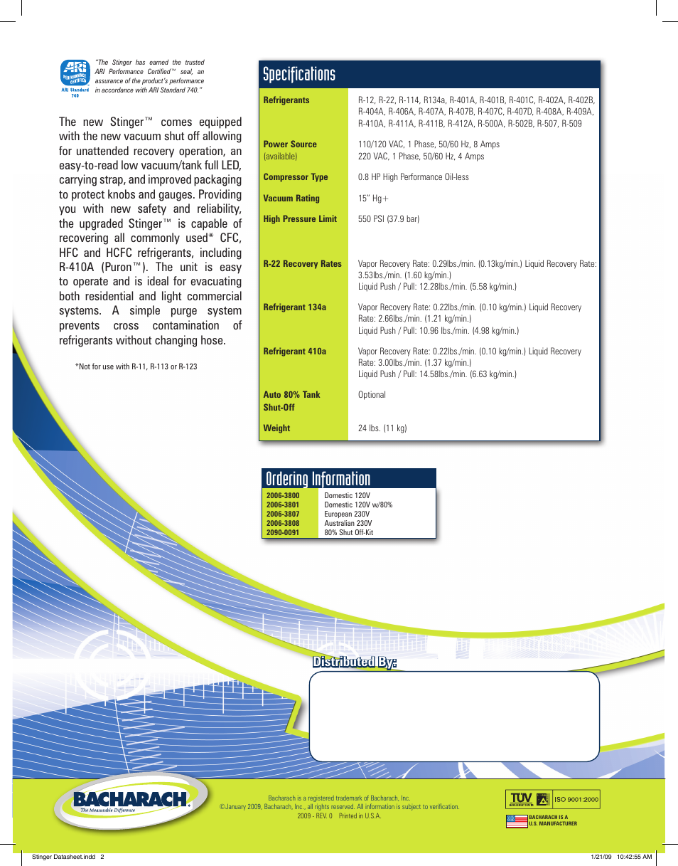 Specifications, Ordering information, Distributed by | Bacharach Stinger User Manual | Page 2 / 2