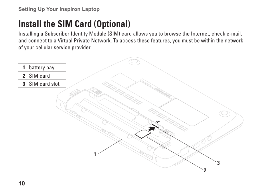 Install the sim card (optional) | Dell Inspiron Mini 10 (1012, Late 2009) User Manual | Page 12 / 82