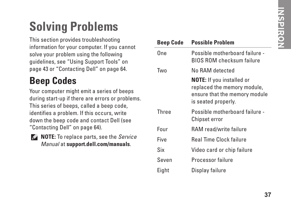 Solving problems, Beep codes, Inspiron | Dell Inspiron Mini 10 (1012, Late 2009) User Manual | Page 39 / 82