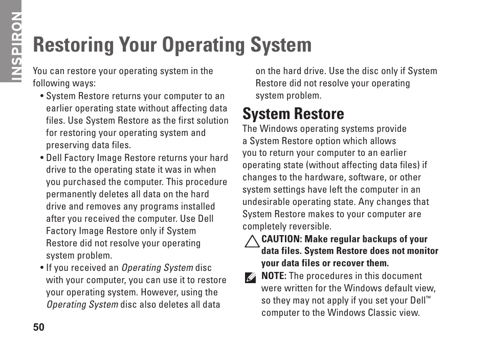 Restoring your operating system, System restore, Inspiron | Dell Inspiron Mini 10 (1012, Late 2009) User Manual | Page 52 / 82