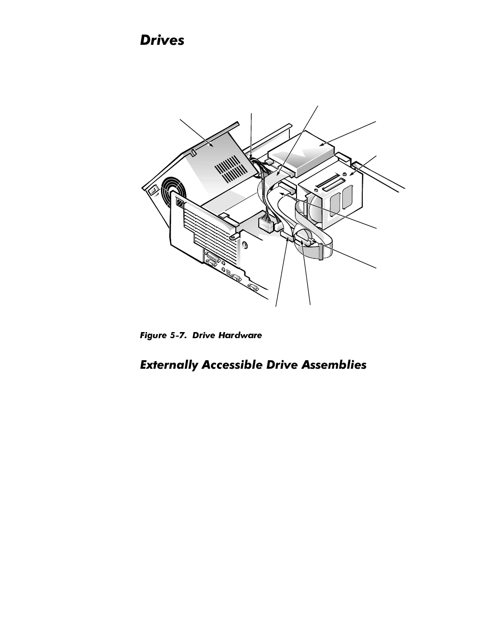 Drives, Externally accessible drive assemblies, Drives -9 | Externally accessible drive assemblies -9, Figure 5-7, Drive hardware -9, Ulyhv, Whuqdoo\$ffhvvleoh'ulyh$vvhpeolhv | Dell OptiPlex GX1p User Manual | Page 101 / 170