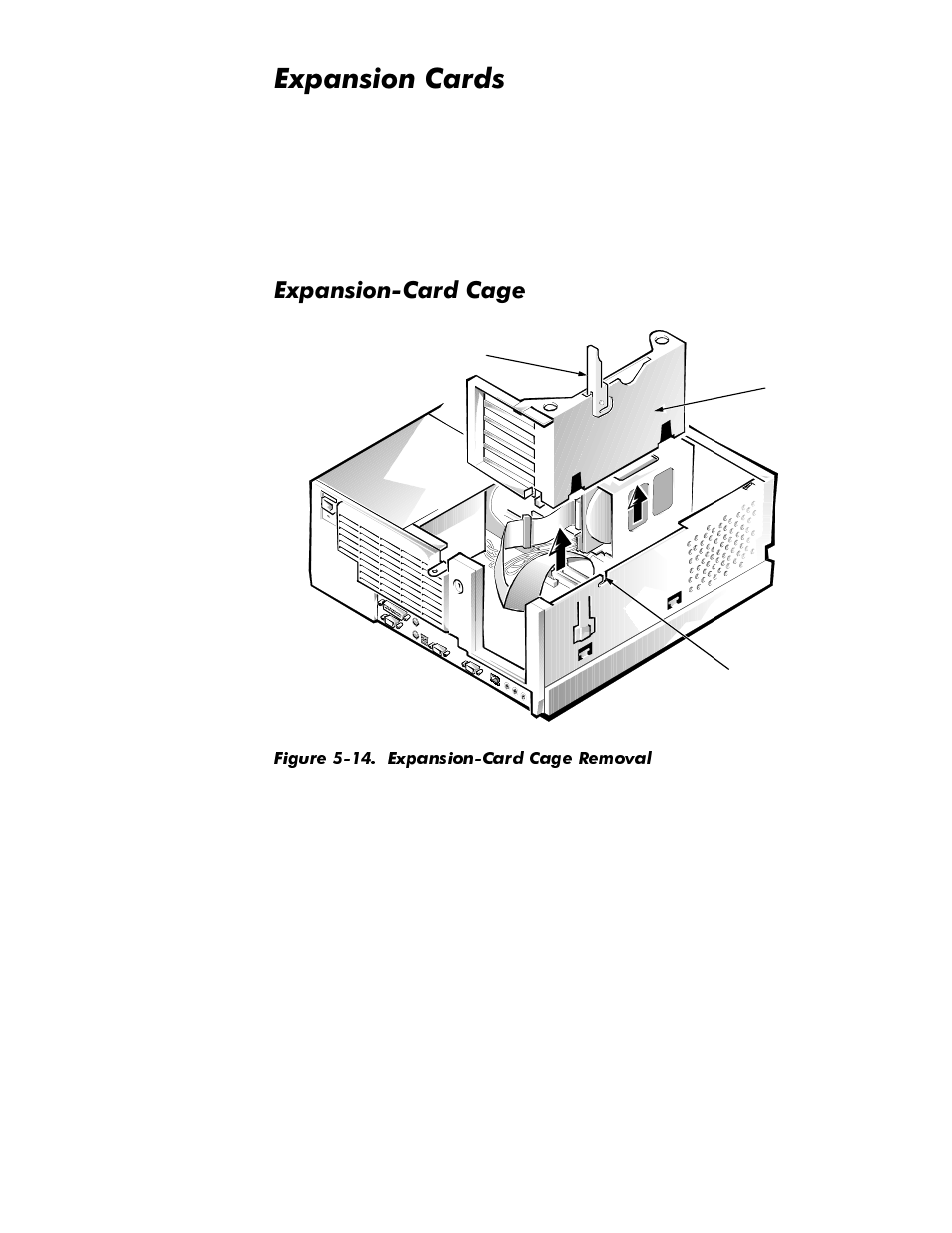 Expansion cards, Expansion-card cage, Expansion cards -15 | Expansion-card cage -15, Figure 5-14, Expansion-card cage removal -15, Sdqvlrq&dugv, Sdqvlrq&dug&djh | Dell OptiPlex GX1p User Manual | Page 107 / 170