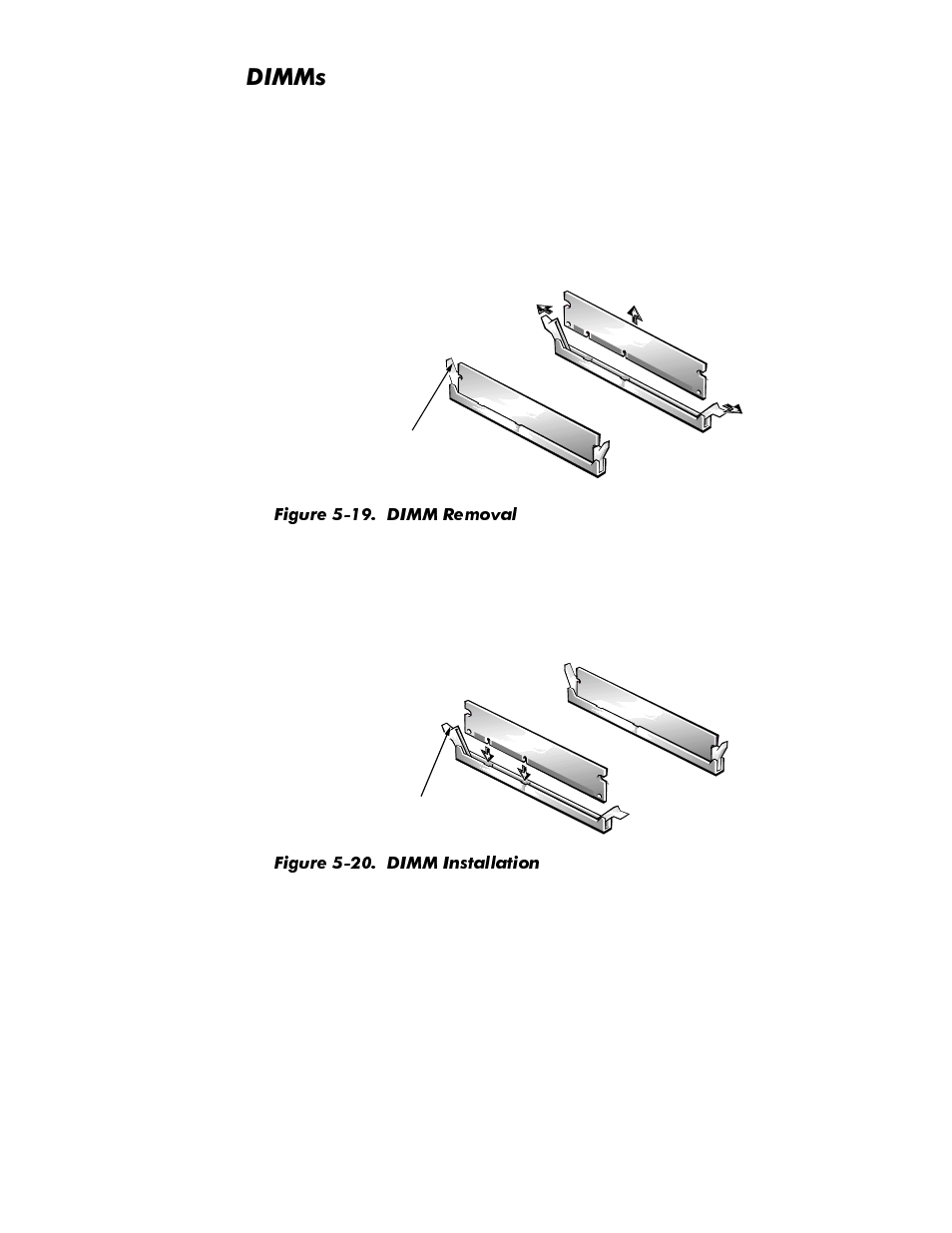 Dimms, Dimms -20, Figure 5-19 | Dimm removal -20, Figure 5-20, Dimm installation -20 | Dell OptiPlex GX1p User Manual | Page 112 / 170