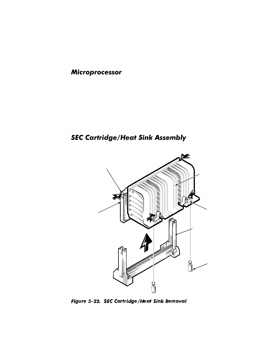 Microprocessor, Sec cartridge/heat sink assembly, Microprocessor -22 | Sec cartridge/heat sink assembly -22, Figure 5-22, Sec cartridge/heat sink removal -22, 0lfursurfhvvru, 6(&&duwulgjh+hdw6lqn$vvhpeo | Dell OptiPlex GX1p User Manual | Page 114 / 170