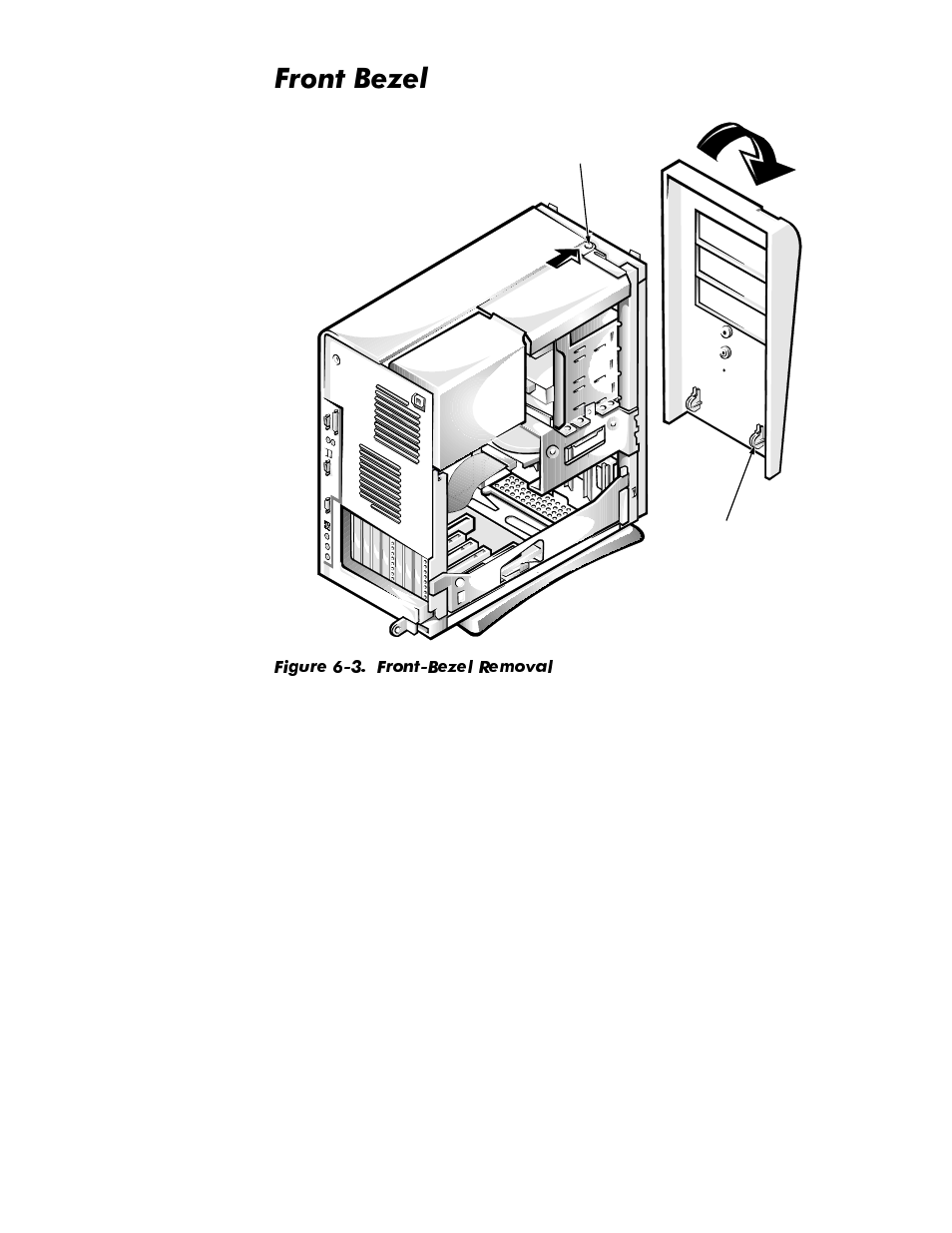 Front bezel, Front bezel -5, Figure 6-3 | Front-bezel removal -5, Urqw%h]ho | Dell OptiPlex GX1p User Manual | Page 121 / 170
