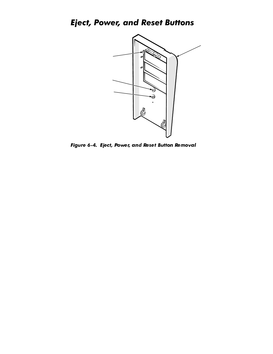 Eject, power, and reset buttons, Eject, power, and reset buttons -6, Figure 6-4 | Eject, power, and reset button removal -6, Mhfw3rzhudqg5hvhw%xwwrqv | Dell OptiPlex GX1p User Manual | Page 122 / 170