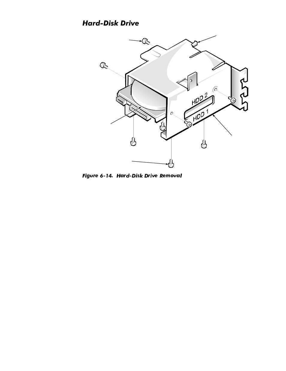 Hard-disk drive, Hard-disk drive -15, Figure 6-14 | Hard-disk drive removal -15, Dug'lvn'ulyh | Dell OptiPlex GX1p User Manual | Page 131 / 170