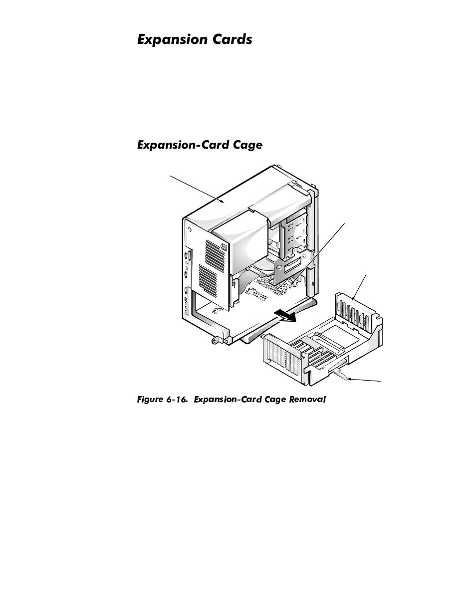 Expansion cards, Expansion-card cage, Expansion cards -17 | Expansion-card cage -17, Figure 6-16, Expansion-card cage removal -17, Sdqvlrq&dugv, Sdqvlrq&dug&djh | Dell OptiPlex GX1p User Manual | Page 133 / 170