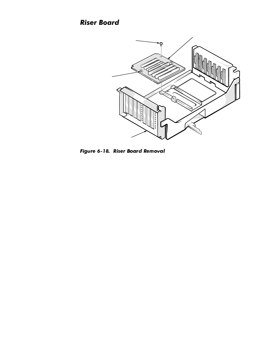 Riser board, Riser board -19, Figure 6-18 | Riser board removal -19, 5lvhu%rdug | Dell OptiPlex GX1p User Manual | Page 135 / 170