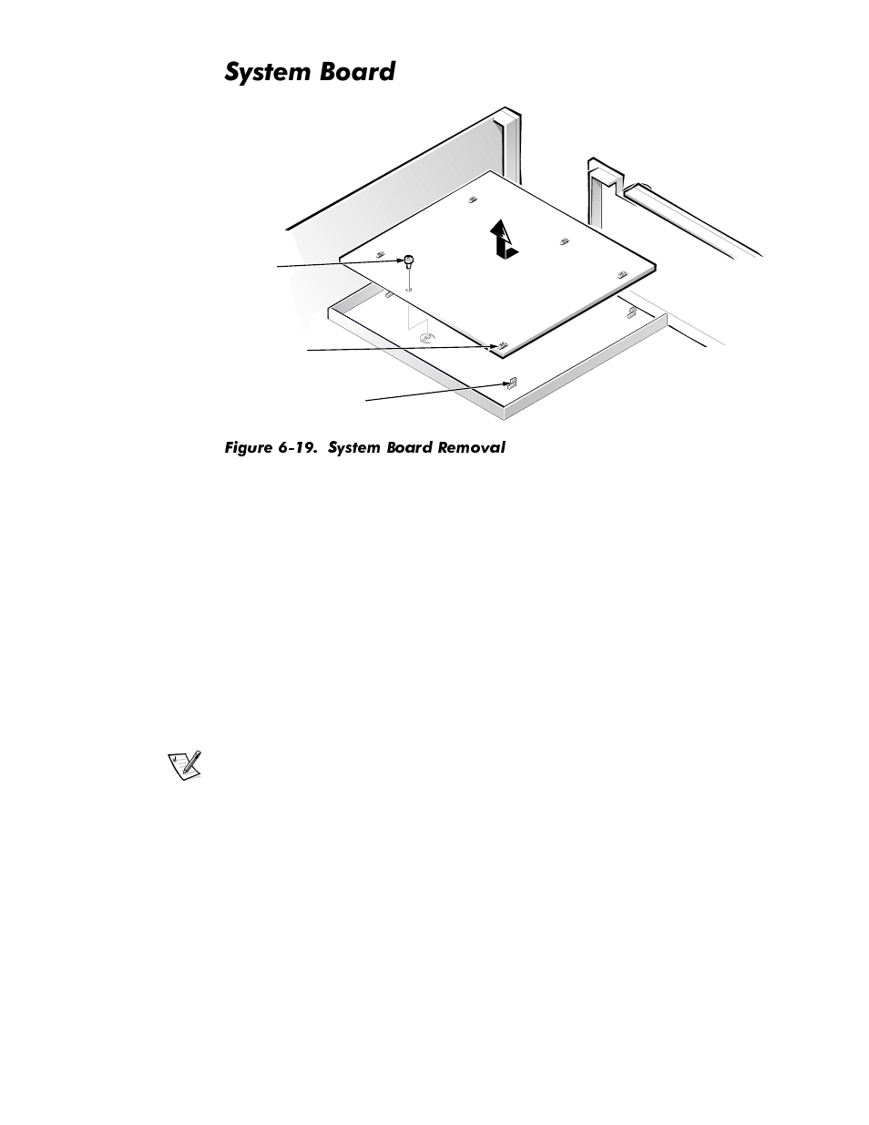 System board, System board -20, Figure 6-19 | System board removal -20, 6\vwhp%rdug | Dell OptiPlex GX1p User Manual | Page 136 / 170