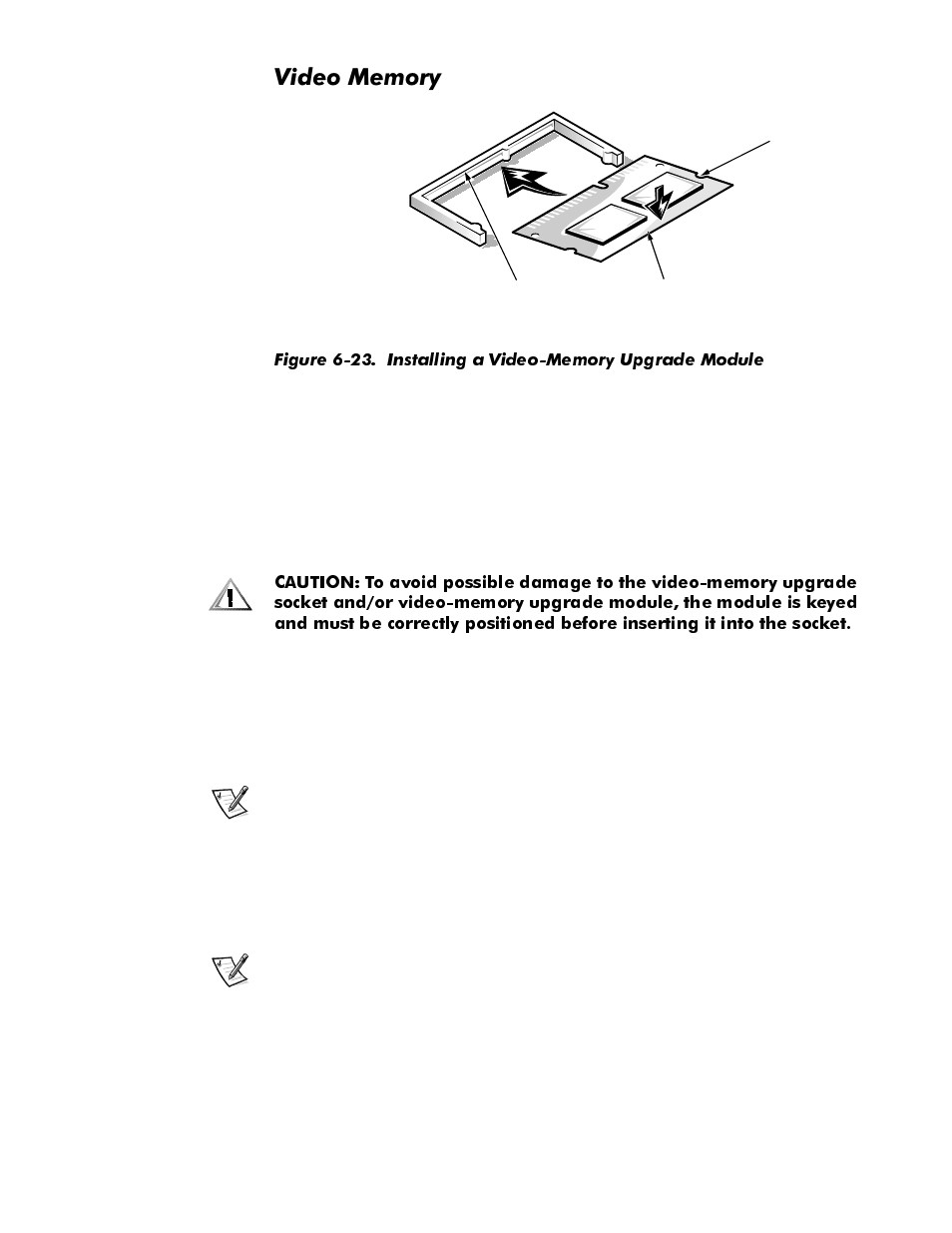 Video memory, Video memory -23, Figure 6-23 | Installing a video-memory upgrade module -23, 9lghr0hpru | Dell OptiPlex GX1p User Manual | Page 139 / 170