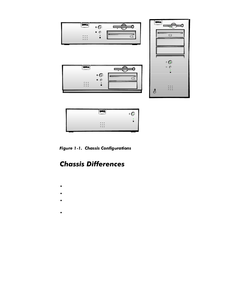 Chassis differences, Chassis differences -2, Figure 1-1 | Chassis configurations -2, Kdvvlv'liihuhqfhv | Dell OptiPlex GX1p User Manual | Page 14 / 170