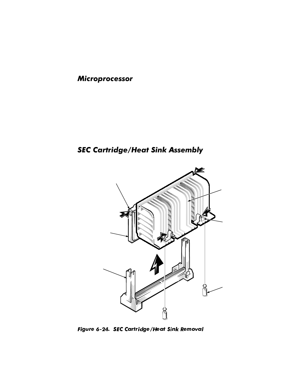 Microprocessor, Sec cartridge/heat sink assembly, Microprocessor -24 | Sec cartridge/heat sink assembly -24, Figure 6-24, Sec cartridge/heat sink removal -24, 0lfursurfhvvru, 6(&&duwulgjh+hdw6lqn$vvhpeo | Dell OptiPlex GX1p User Manual | Page 140 / 170