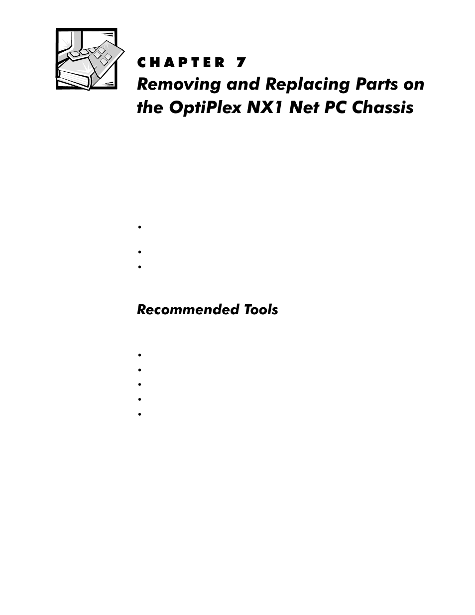 Recommended tools, Kdswhu, 5hprylqjdqg5hsodflqj3duwvrqwkh | 2swl3oh[1;1hw3&&kdvvlv, Recommended tools -1, 5hfrpphqghg7rrov | Dell OptiPlex GX1p User Manual | Page 143 / 170