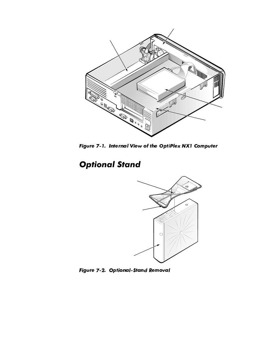 Optional stand, Optional stand -3, Figure 7-1 | Internal view of the optiplex nx1 computer -3, Figure 7-2, Optional-stand removal -3, 2swlrqdo6wdqg | Dell OptiPlex GX1p User Manual | Page 145 / 170