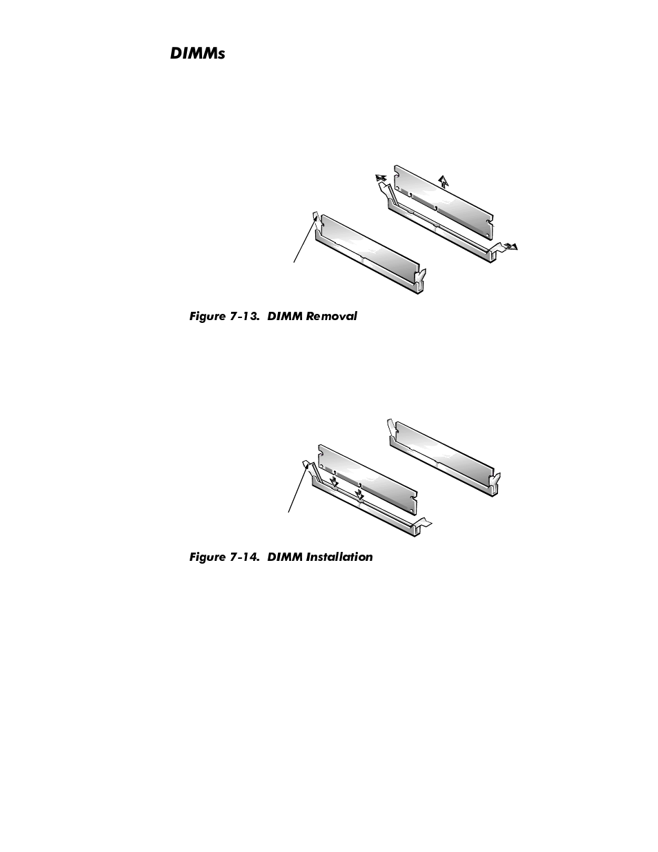 Dimms, Dimms -14, Figure 7-13 | Dimm removal -14, Figure 7-14, Dimm installation -14 | Dell OptiPlex GX1p User Manual | Page 156 / 170