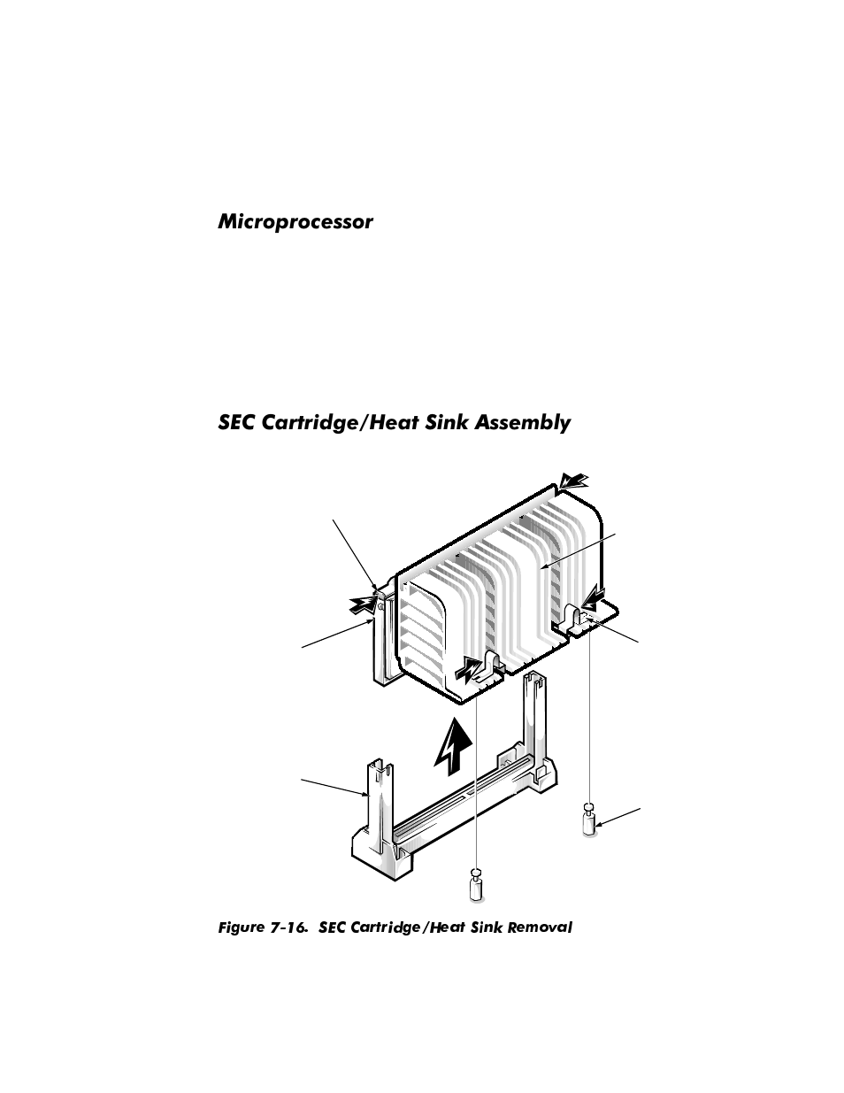 Microprocessor, Sec cartridge/heat sink assembly, Microprocessor -16 | Sec cartridge/heat sink assembly -16, Figure 7-16, Sec cartridge/heat sink removal -16, 0lfursurfhvvru, 6(&&duwulgjh+hdw6lqn$vvhpeo | Dell OptiPlex GX1p User Manual | Page 158 / 170