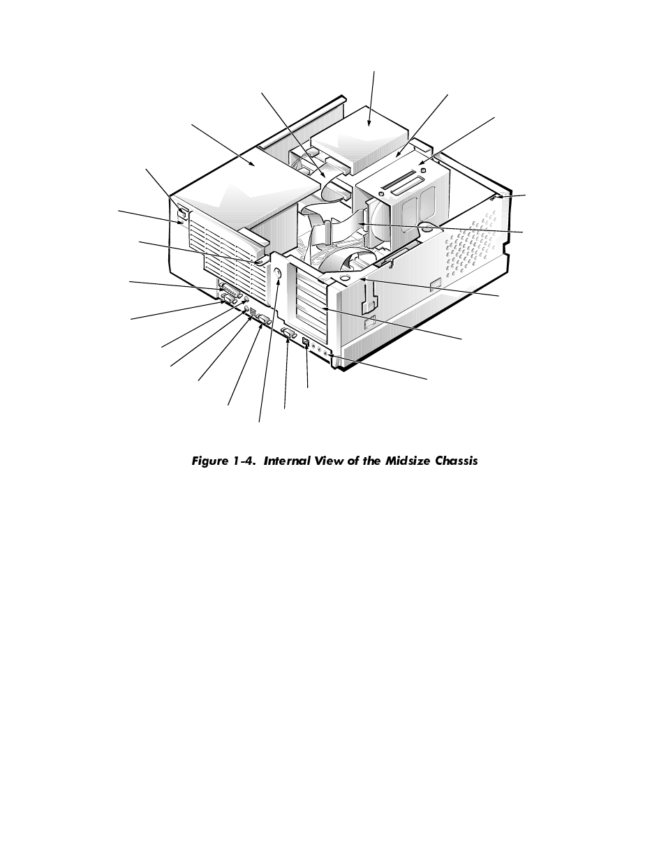 Figure 1-4, Internal view of the midsize chassis -11, Ljxuh  ,qwhuqdo 9lhz ri wkh 0lgvl]h &kdvvlv | Dell OptiPlex GX1p User Manual | Page 23 / 170