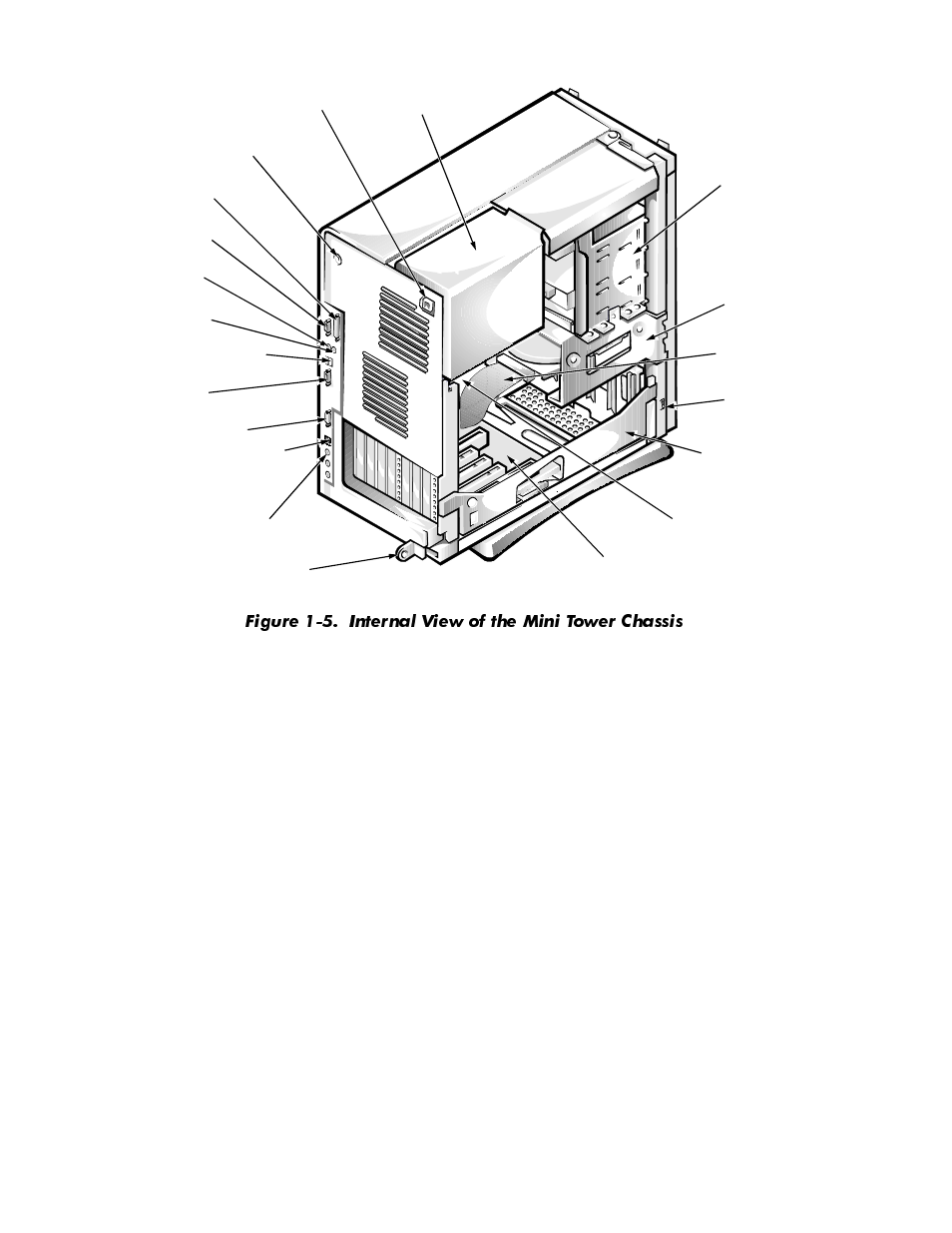 Figure 1-5, Internal view of the mini tower chassis -12, Ljxuh  ,qwhuqdo 9lhz ri wkh 0lql 7rzhu &kdvvlv | Dell OptiPlex GX1p User Manual | Page 24 / 170