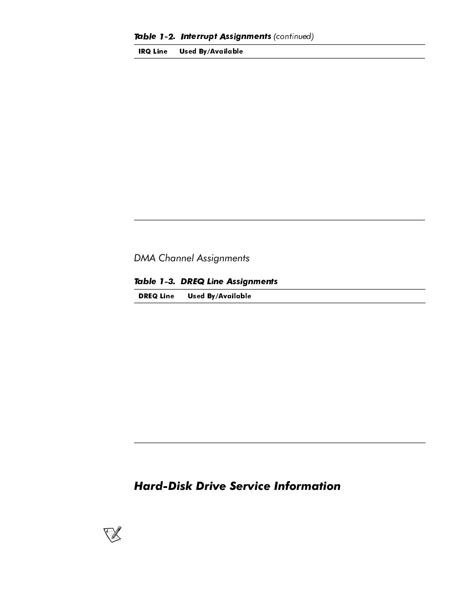 Hard-disk drive service information, Dma channel assignments -21, Hard-disk drive service information -21 | Table 1-3, Dreq line assignments -21, Dug'lvn'ulyh6huylfh,qirupdwlrq, 0$&kdqqho$vvljqphqwv | Dell OptiPlex GX1p User Manual | Page 33 / 170