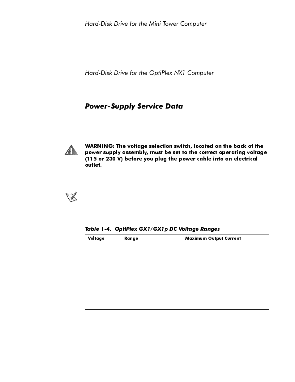 Power-supply service data, Hard-disk drive for the mini tower computer -23, Hard-disk drive for the optiplex nx1 computer -23 | Power-supply service data -23, Table 1-4, Optiplex gx1/gx1p dc voltage ranges -23, 3rzhu6xsso\6huylfh'dwd, Dug'lvn'ulyhiruwkh0lql7rzhu&rpsxwhu, Dug'lvn'ulyhiruwkh2swl3oh[1;&rpsxwhu | Dell OptiPlex GX1p User Manual | Page 35 / 170