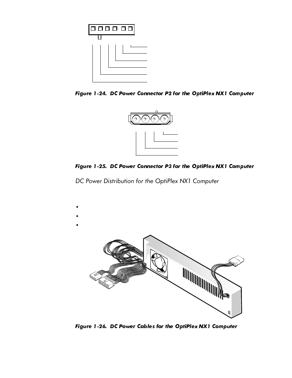 Figure 1-24, Figure 1-25, Figure 1-26 | Dc power cables for the optiplex nx1 computer -32, 3rzhu'lvwulexwlrqiruwkh2swl3oh[1;&rpsxwhu | Dell OptiPlex GX1p User Manual | Page 44 / 170