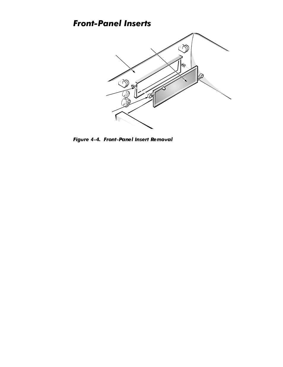 Front-panel inserts, Front-panel inserts -6, Figure 4-4 | Front-panel insert removal -6, Urqw3dqho,qvhuwv | Dell OptiPlex GX1p User Manual | Page 76 / 170