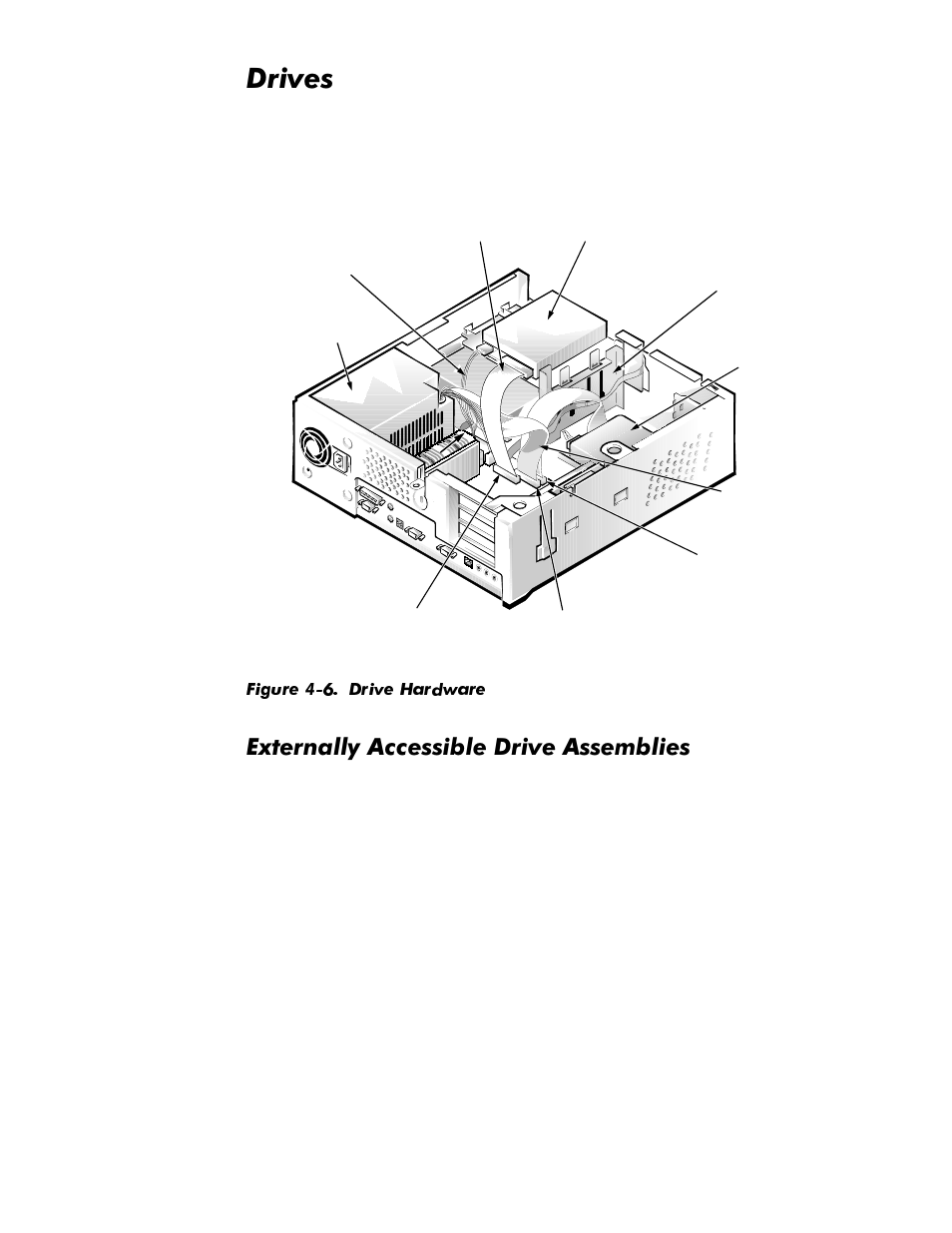 Drives, Externally accessible drive assemblies, Drives -8 | Externally accessible drive assemblies -8, Figure 4-6, Drive hardware -8, Ulyhv, Back, Whuqdoo\$ffhvvleoh'ulyh$vvhpeolhv | Dell OptiPlex GX1p User Manual | Page 78 / 170