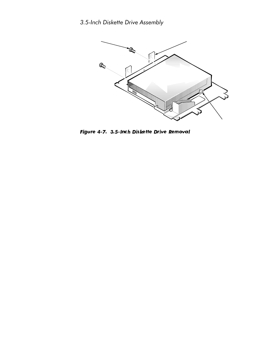 Inch diskette drive assembly -9, Figure 4-7, Inch diskette drive removal -9 | Qfk'lvnhwwh'ulyh$vvhpeo | Dell OptiPlex GX1p User Manual | Page 79 / 170